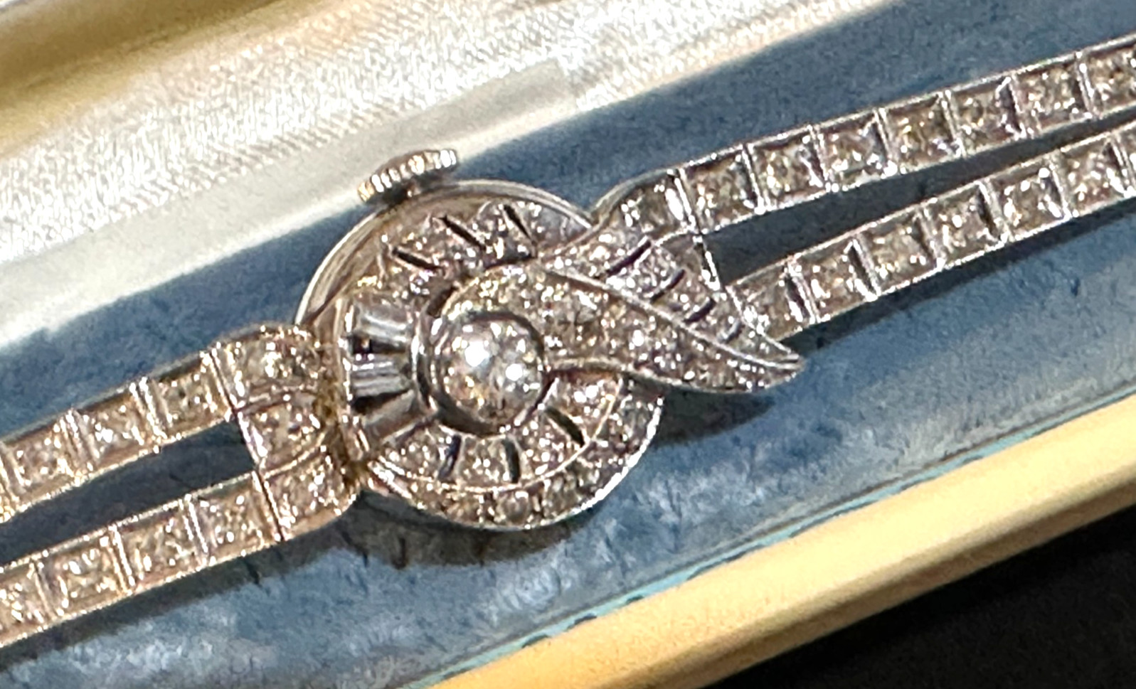 14k Solid Gold Ladies Diamond Double Tennis Bracelet Hamilton Wristwatch 26.3gr