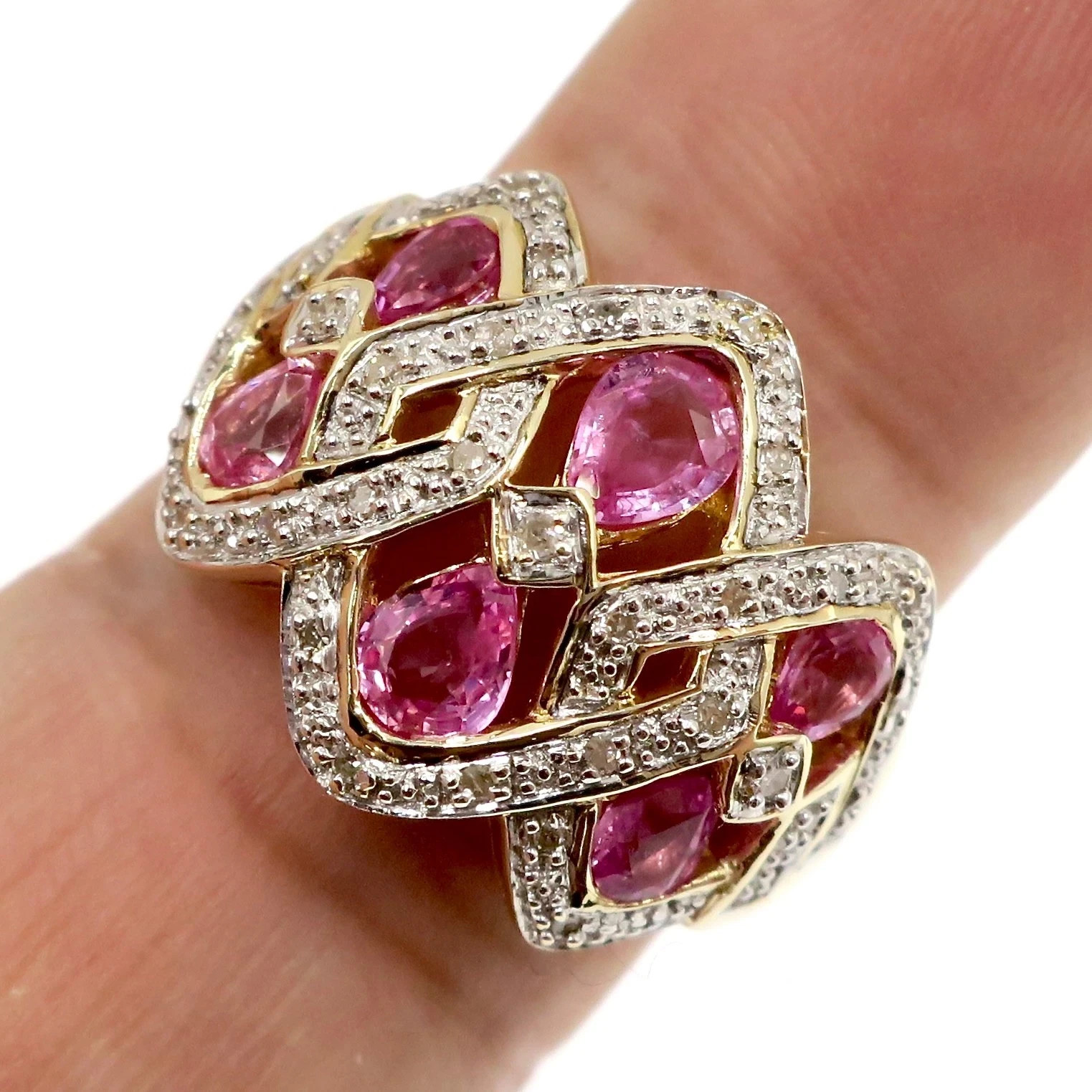 14k Solid Yellow Gold Natural Pink Sapphire and Diamond Band Ring Size 7