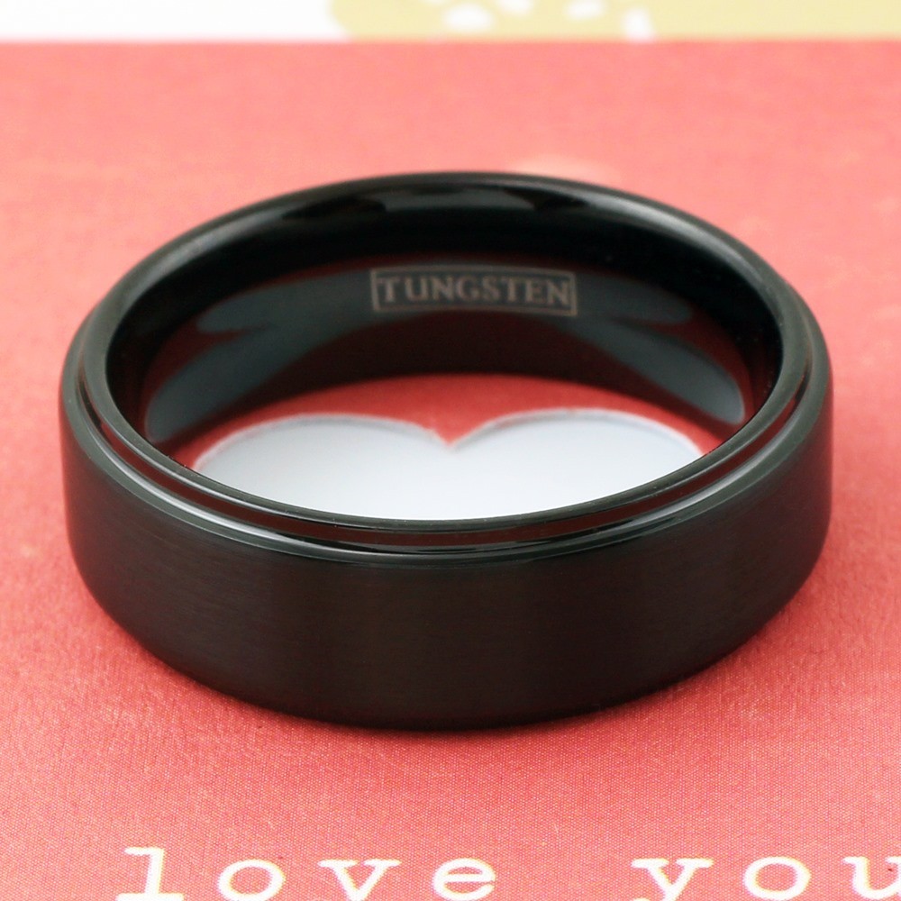8mm Black Tungsten Brushed Stripe Step Edge Wedding Band Men’s Ring Size 5-15