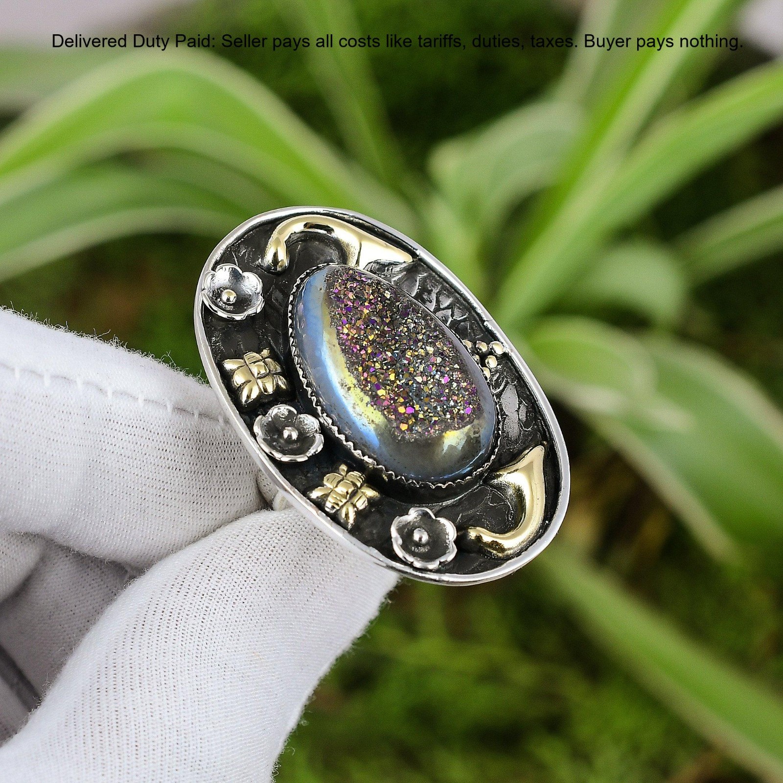 925 Sterling Silver Oval Natural Window Titanium Druzy New Statement Unique Ring