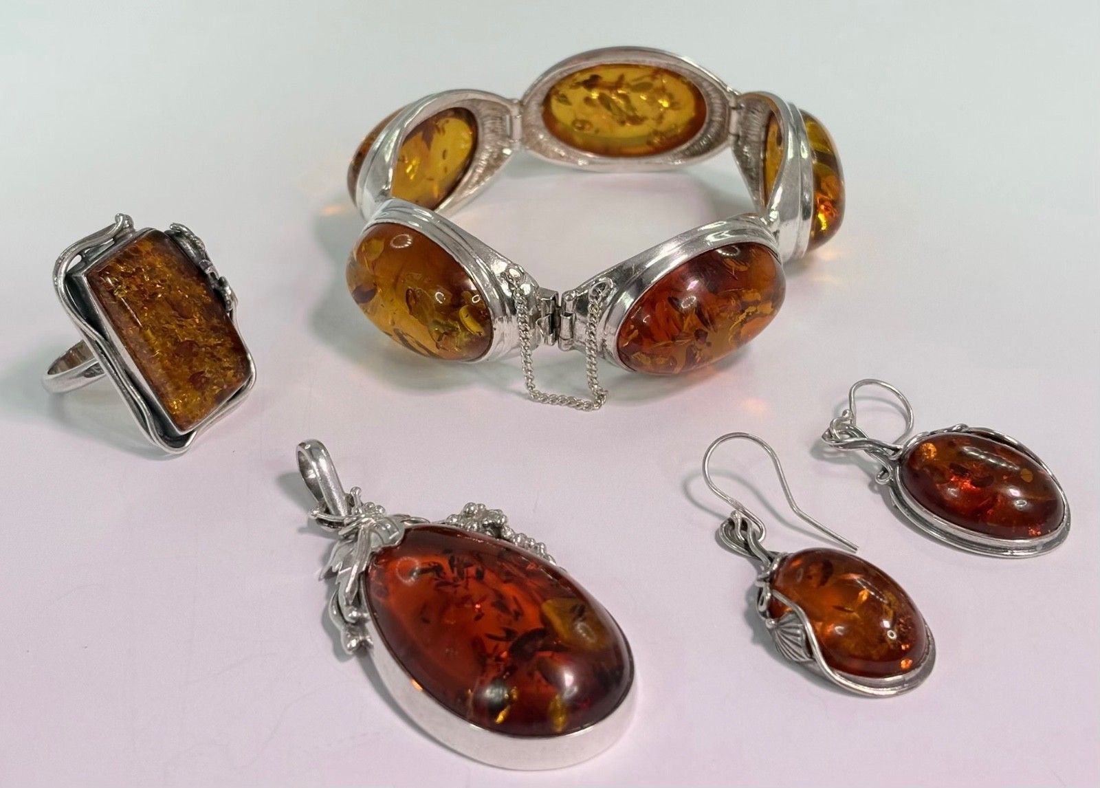 🔶 Excellent VTG Sterling Silver & Natural Amber 5 Piece Matching Set