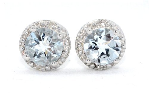 14Kt White Gold Natural Aquamarine & Diamond Round Stud Earrings