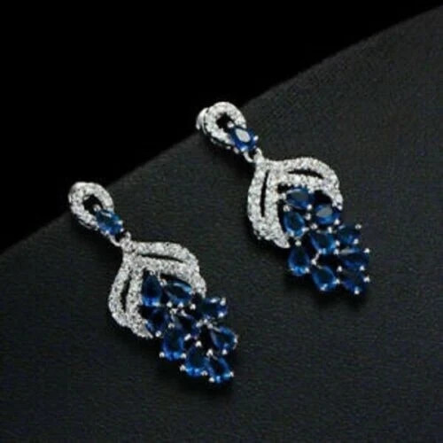 2Ct Oval Cut Lab-Created Blue Sapphire Drop Dangle Earrings 14KWhite Gold Plated