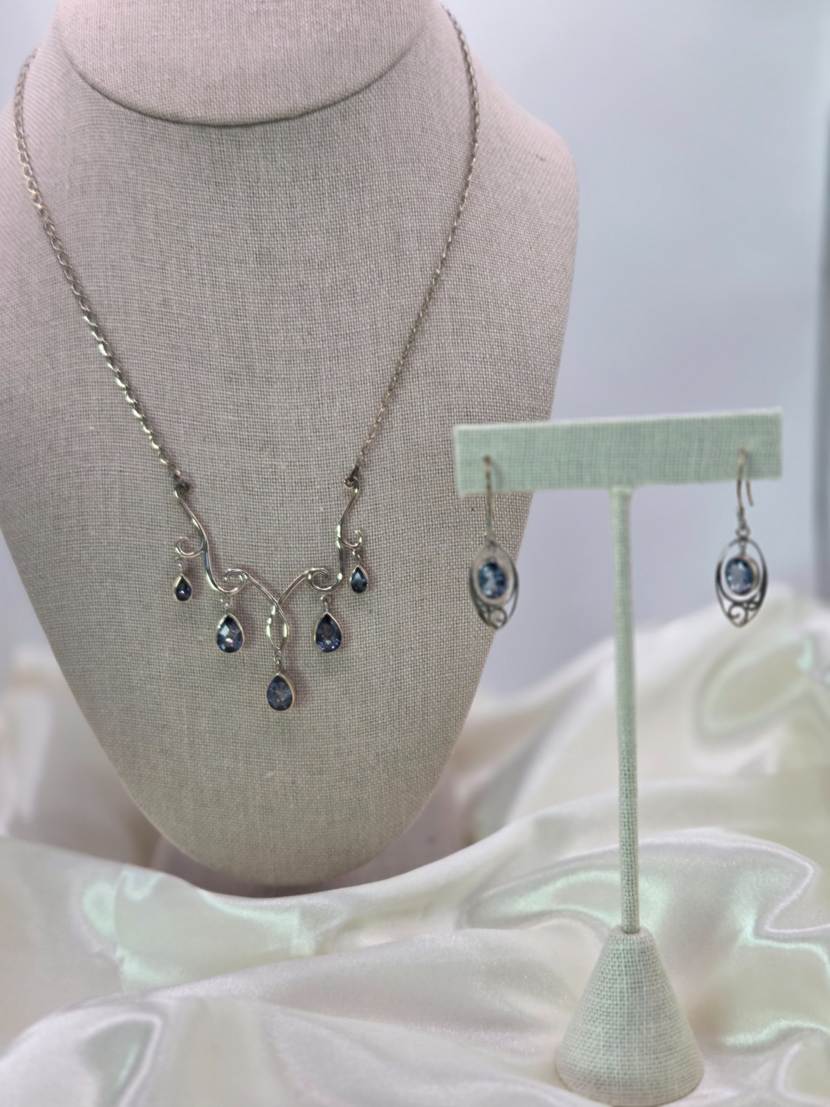 Sterling Silver With Translucent Blue Topaz Necklace and Earring Set 9.29 Grams