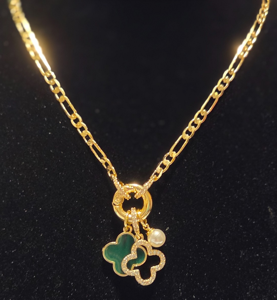 14k Yellow Gold Filled Necklace with Shamrocks and Faux Pearl