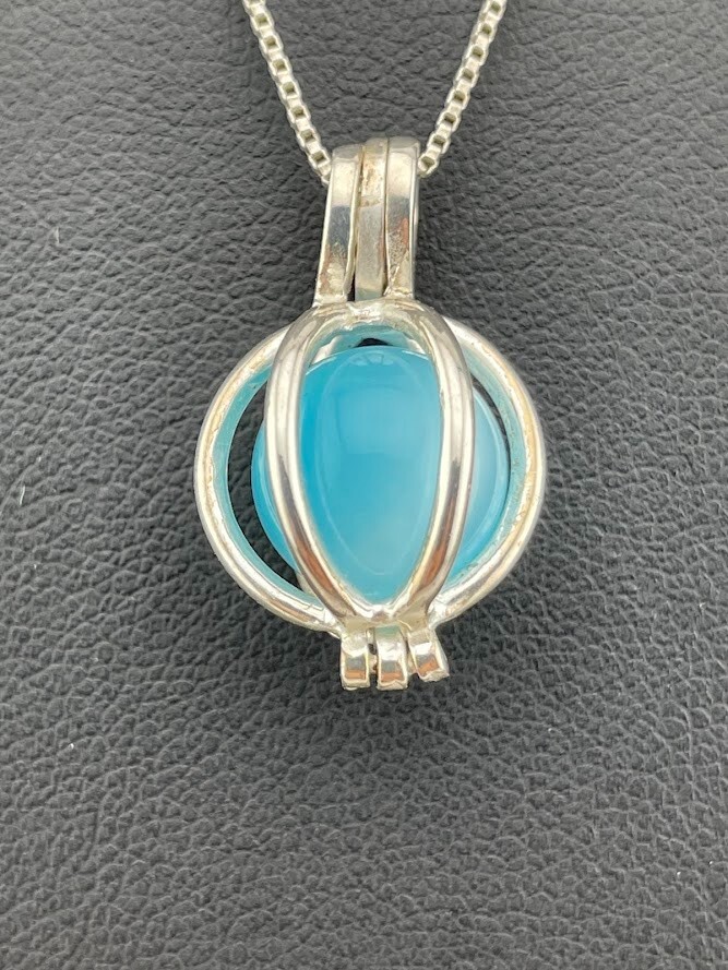 925 STERLING SILVER AQUA BLUE CAT EYE CAGE NECKLACE 18″ CASUAL MODERN 1929