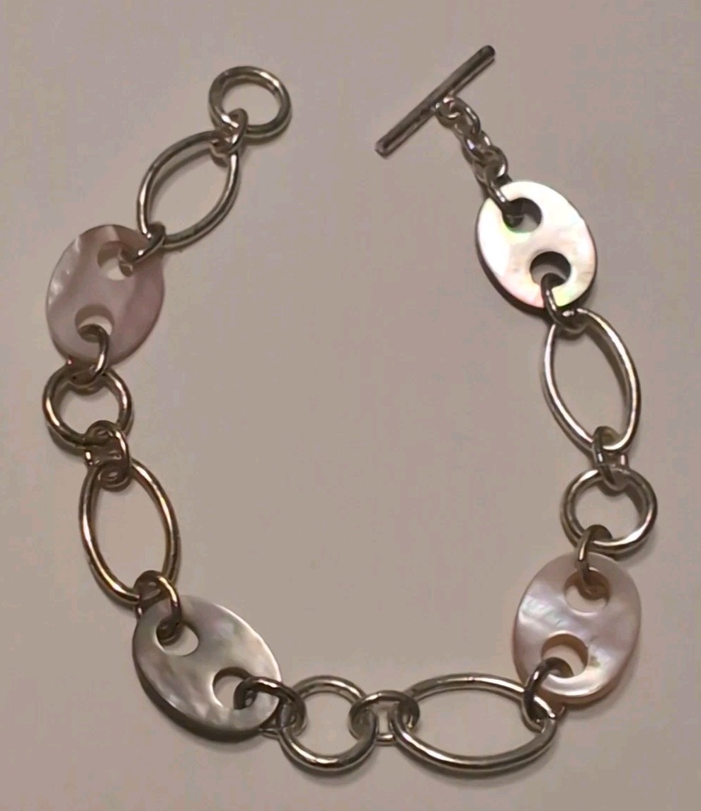 Sterling Silver Mother of Pearl Oval Link Toggle Bracelet