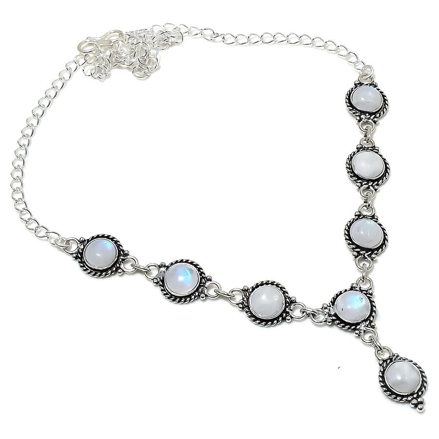 Rainbow Moonstone Gemstone 925 Sterling Silver Handmade Jewelry Necklace Sz 18″