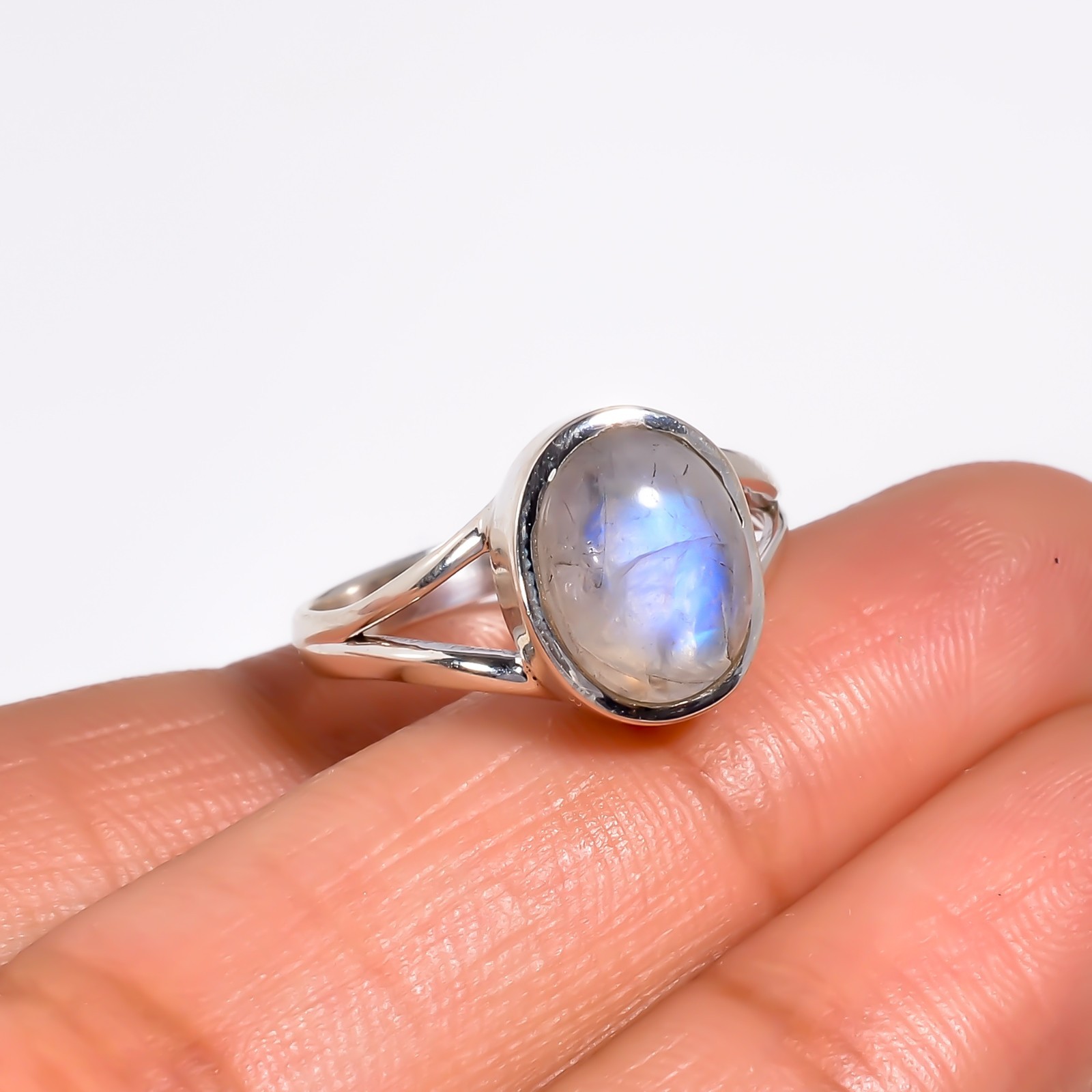 Blue Fire Rainbow Moonstone Natural Cabochon Gemstone Ring 925 Sterling Silver