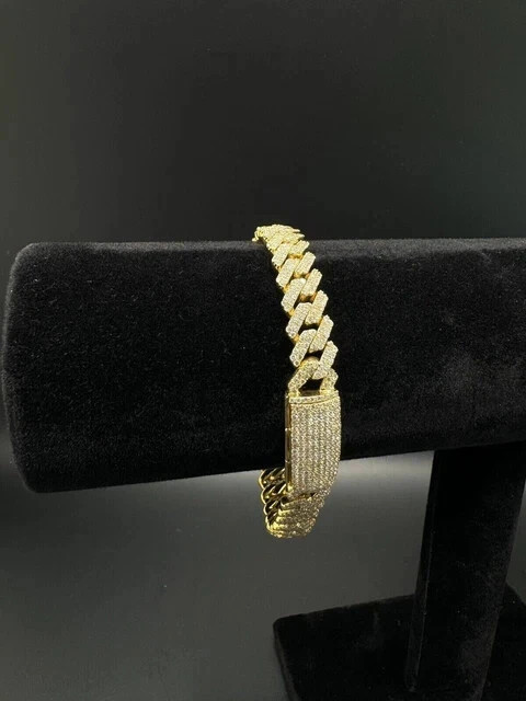 Solid 925 Sterling Silver & moissanite Iced Men’ Bracelet Yellow Gold Over 8.5″