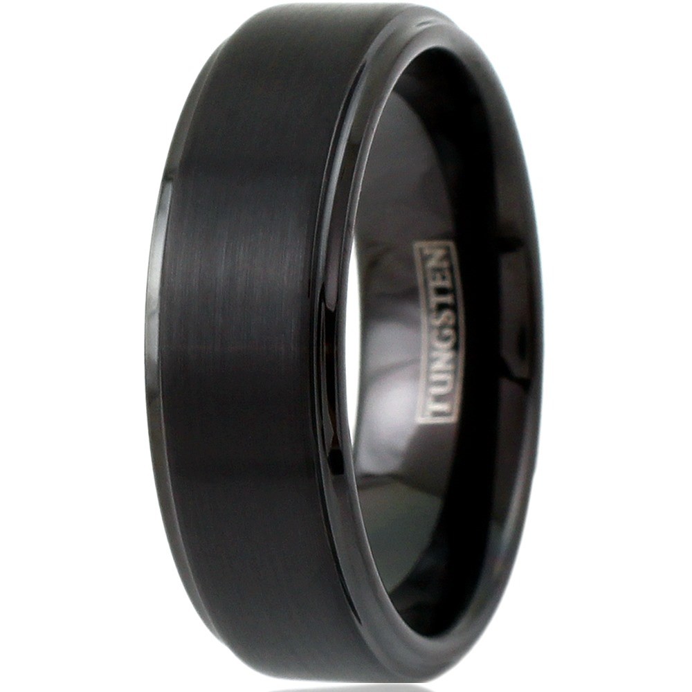 8mm Black Tungsten Brushed Stripe Step Edge Wedding Band Men’s Ring Size 5-15