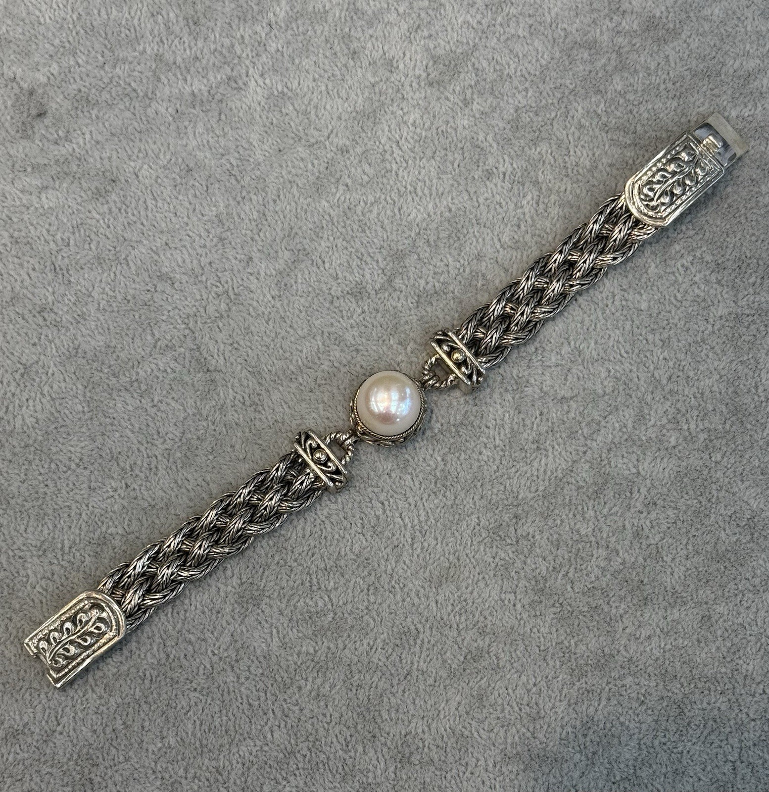 EFFY BRAIDED STERLING SILVER BRACELET W FRESHWATER PEARL, 18K GOLD/ MSRP $1,550