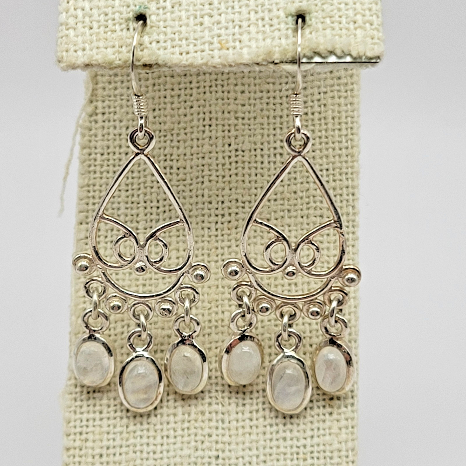 Sterling Silver Rainbow Moonstone Pendant Chandelier Earrings ~ 1 7/8″