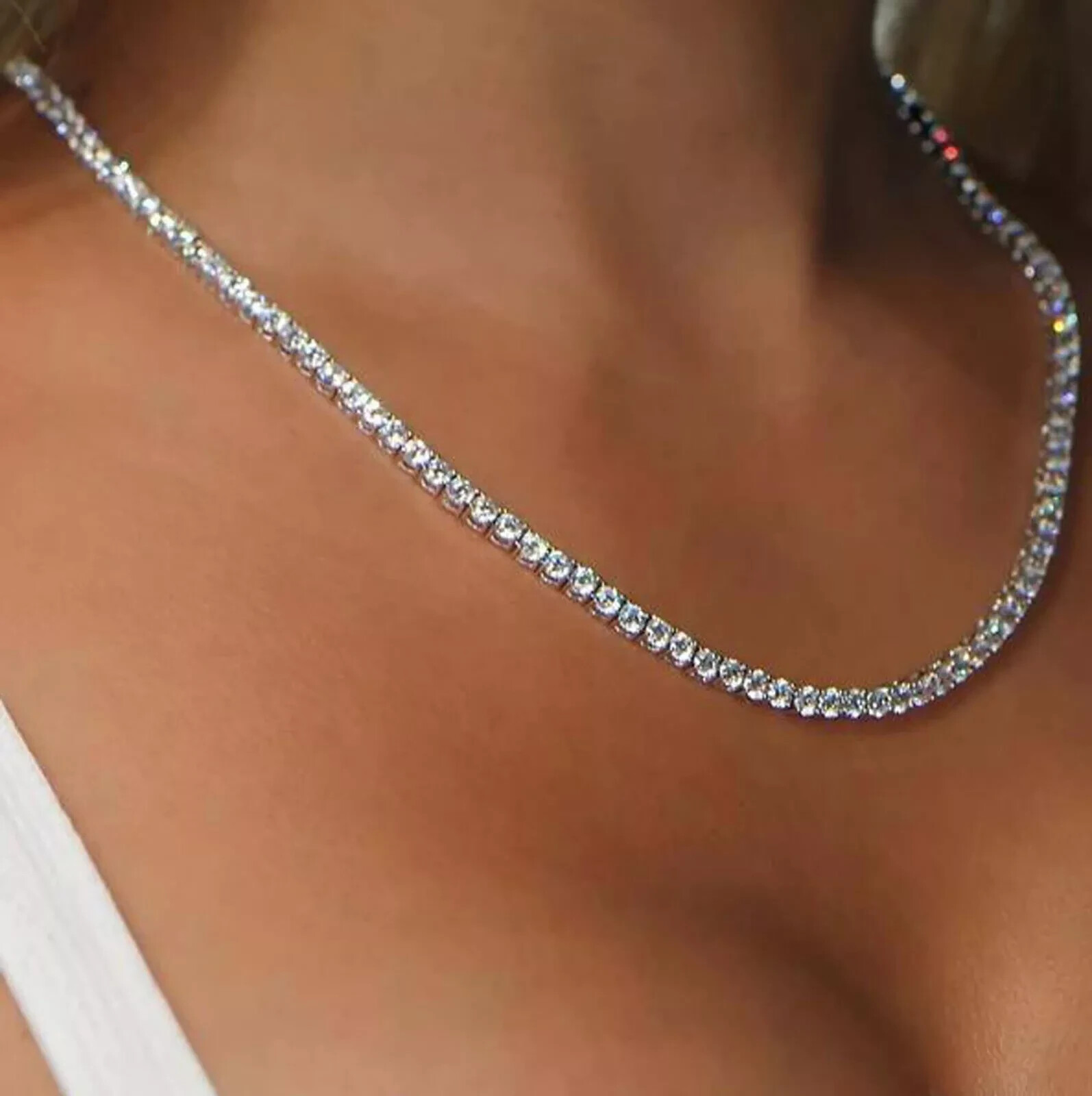 3MM Round Lab Created Diamond Women’s Tennis Necklace 14K White Gold Plated 18″