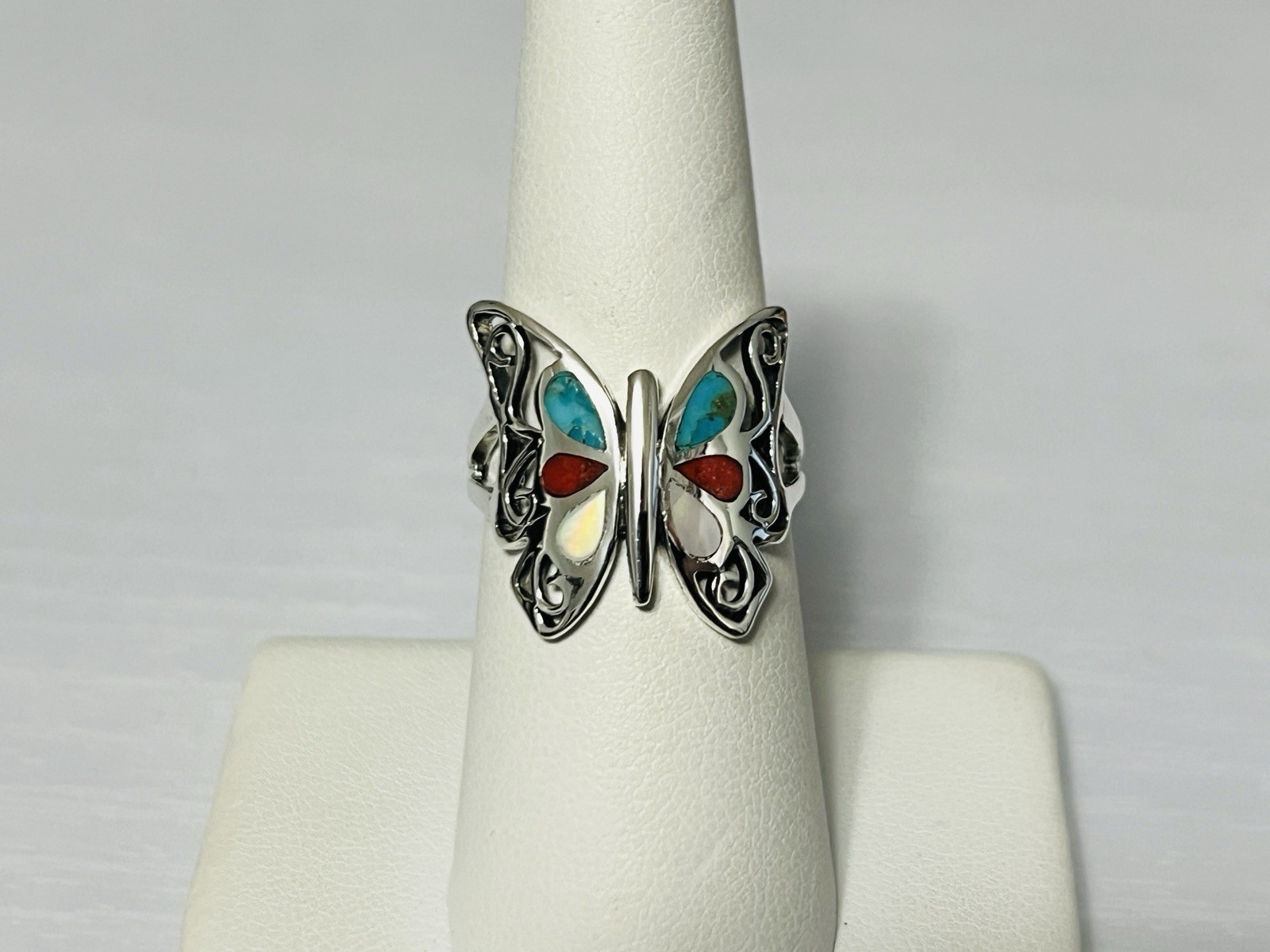 Sterling Silver 19mm Multi Stone Inlay Butterfly Ring