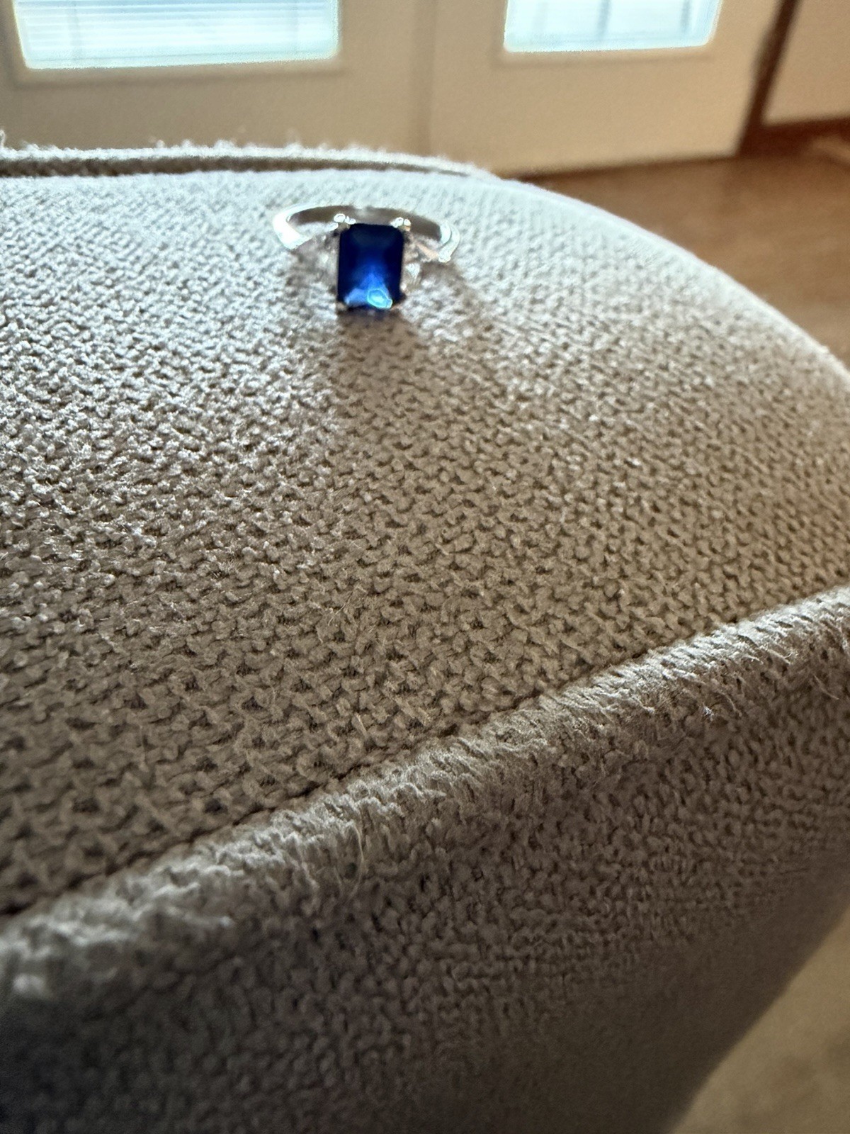 Emerald Cut Lab created Sapphire Ring: Vintage Sterling Silver Three Stone