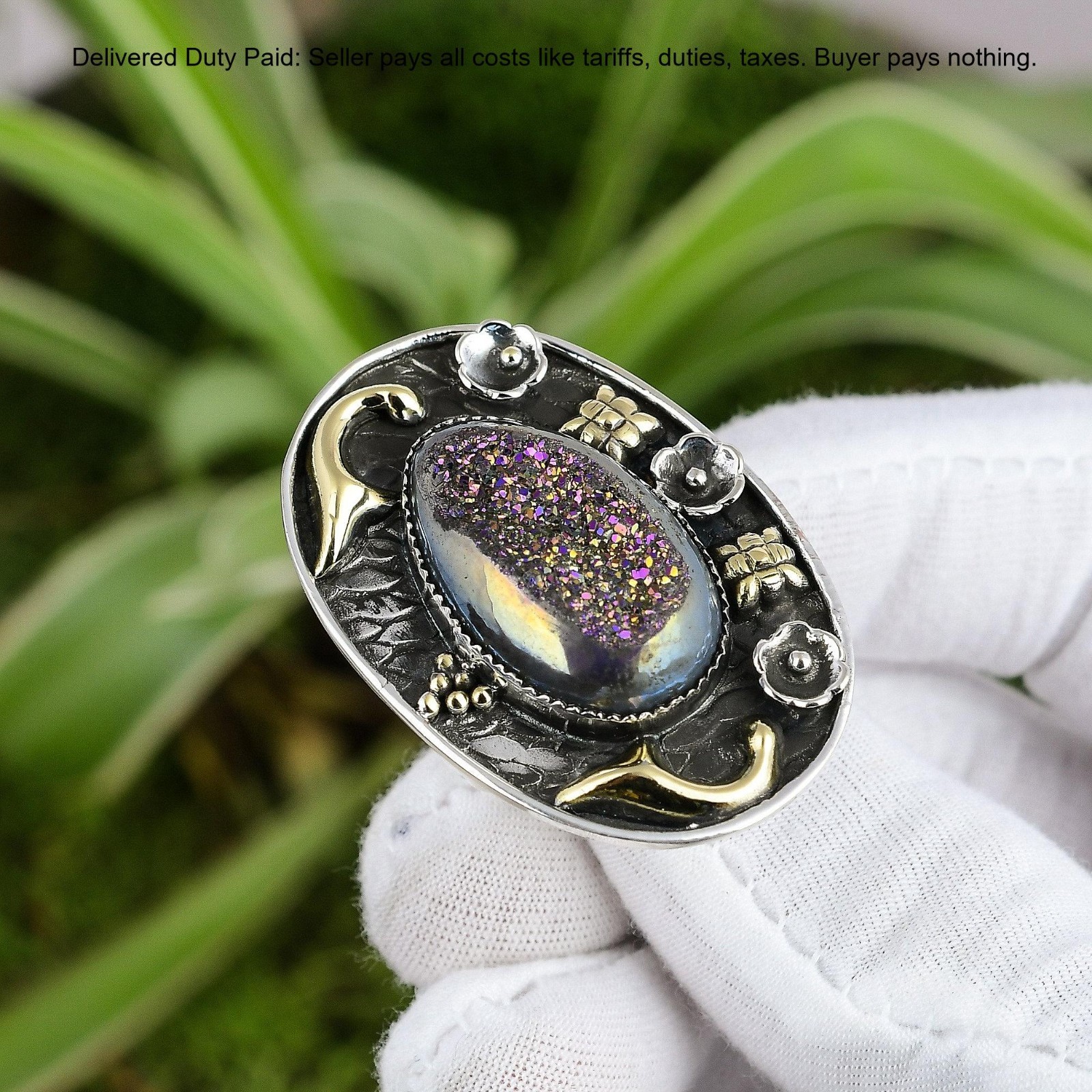 925 Sterling Silver Oval Natural Window Titanium Druzy New Statement Unique Ring