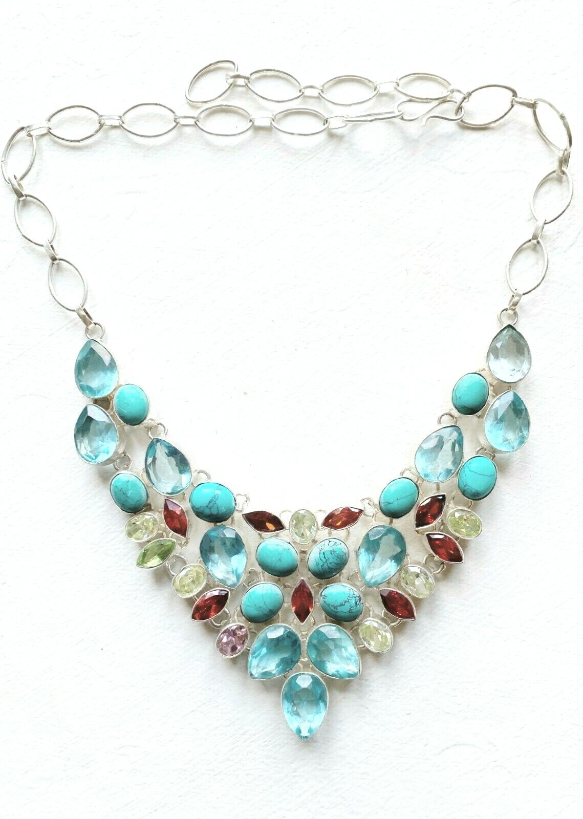 Turquoise topaz mixed genuine stones sterling silver necklace 63 gm