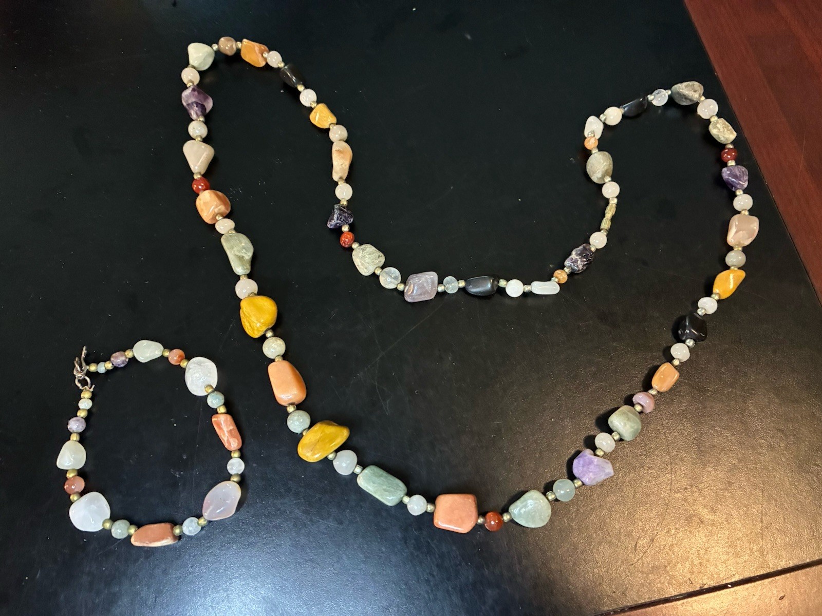 Vintage Gemstone Long Beaded Necklace W/ Matching Bracelet
