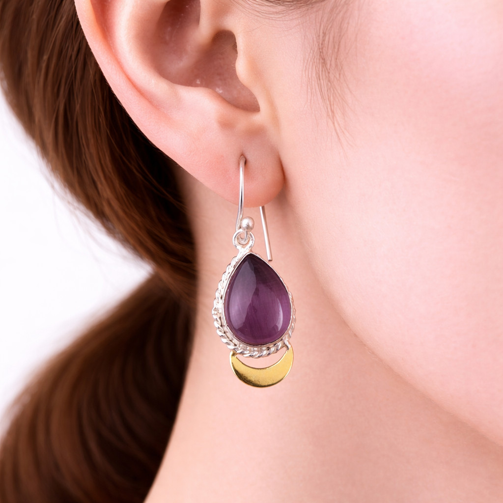 Natural Purple Cat’s Eye Gemstone Earrings 925Silver Jewelry For Birthday 1.5”