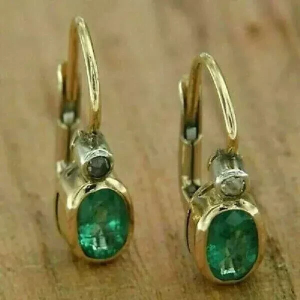 3Ct Oval Cut Natural Green Emerald Drop Dangle Earrings 14K Yellow Gold Plated