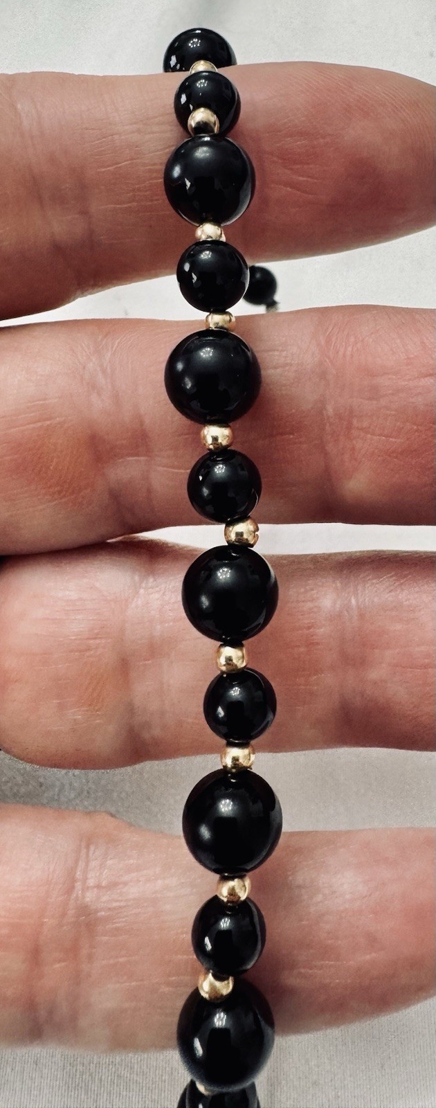 10K Gold Black Onyx Beaded Bracelet 7.5” Graduated Beads 10.5g