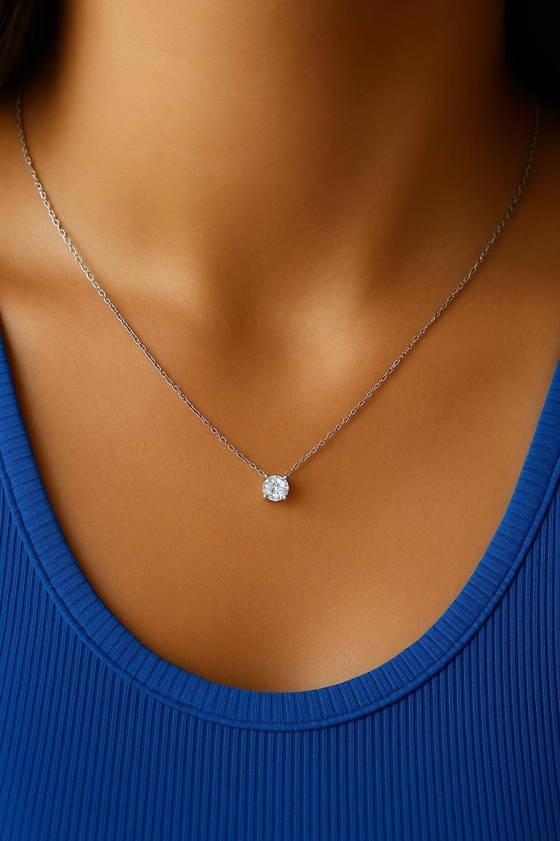Water Resistant Dainty Necklace Solid Gold Floating Solitaire Minimalist Jewelry