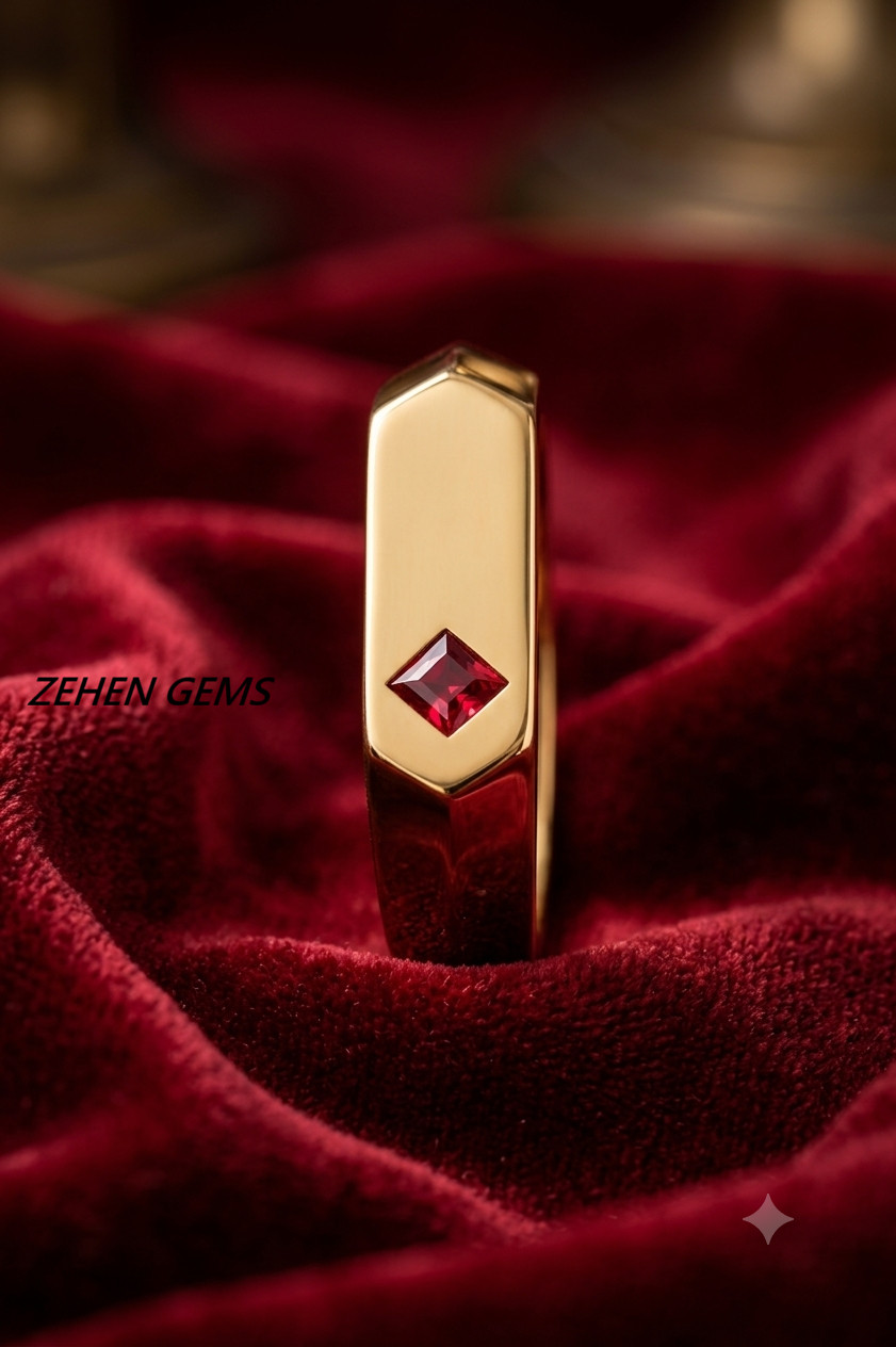 Lab created Ruby Signet Ring Men 925 Sterling Silver Gold Plated Ring