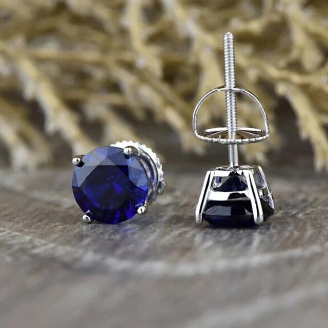 7 mm Round Lab Created Sapphire Blue Women’s Stud Earrings 14k White Gold Plated