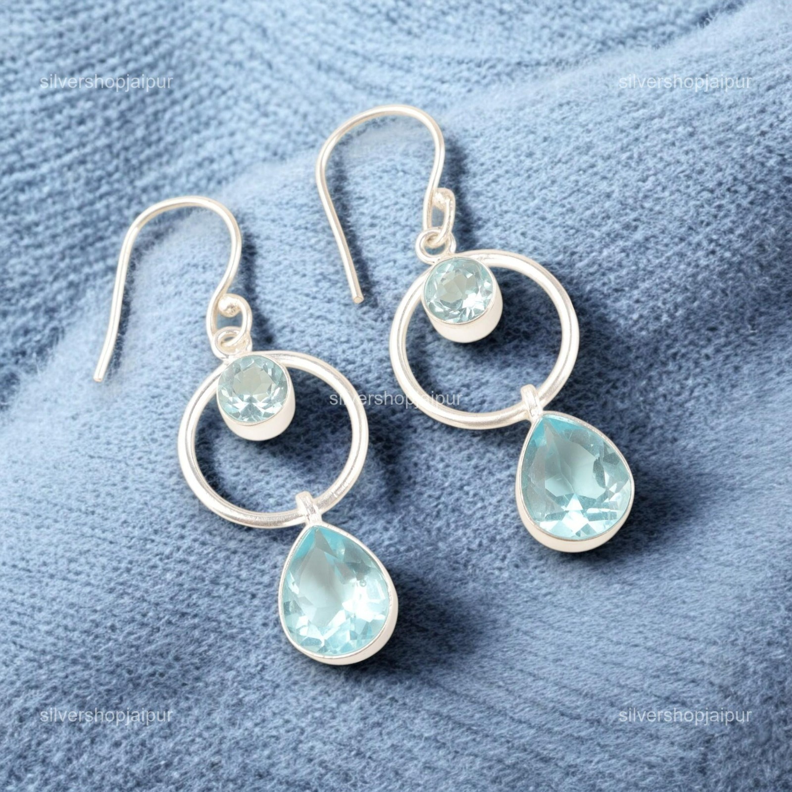 Sky Blue Topaz Stone Dangling Birthday Anniversary Earrings 925 Solid Silver