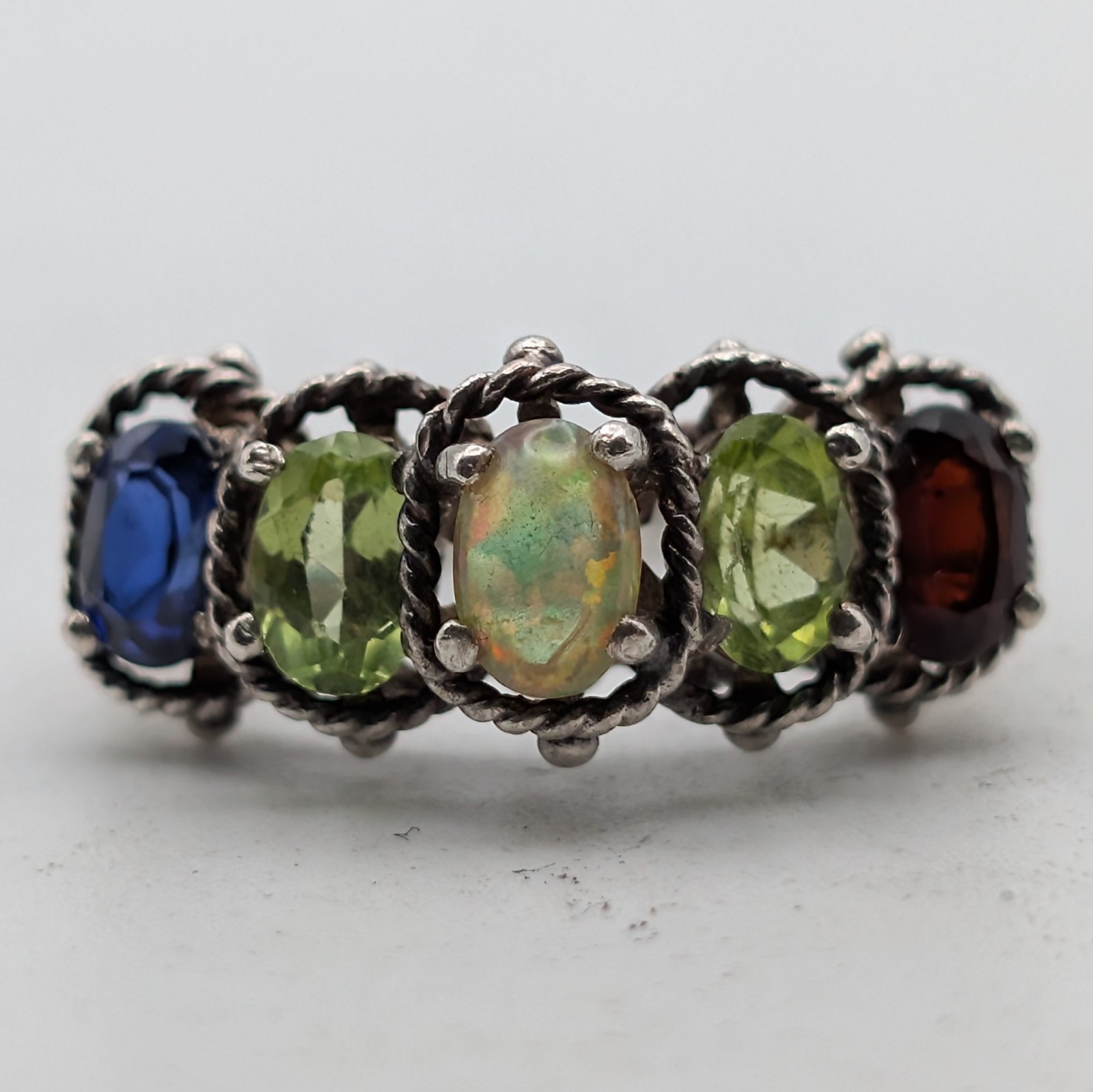 Vintage Sterling Silver Multi Gemstone Ring 925 Fire Opal Peridot Size 8.5