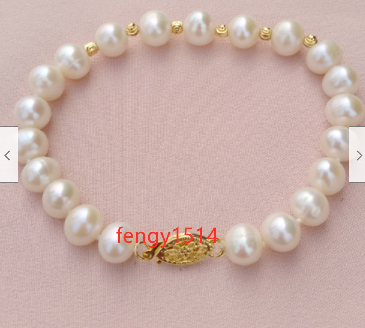 7.5-8″ AAA+ REAL NATURAL 7-8MM white Akoya round pearl bracelets 14K gold