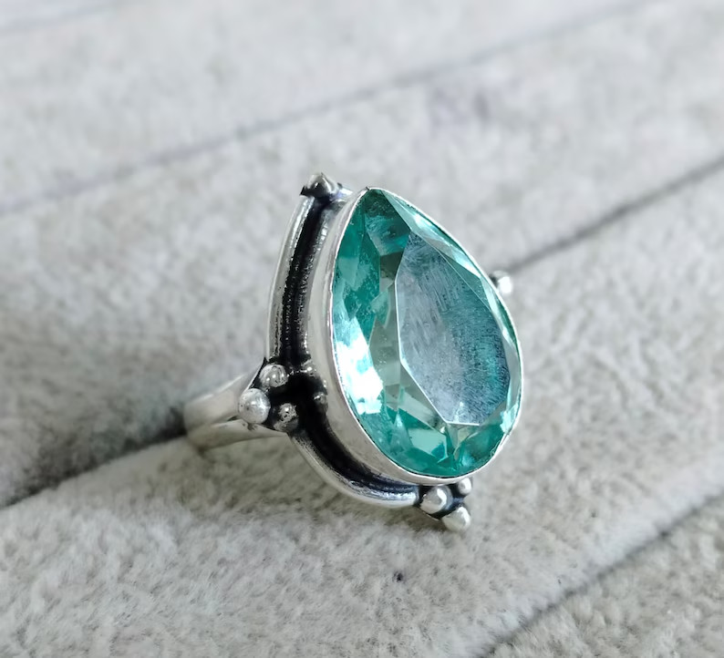 Natural Aquamarine 925 Sterling Silver Band& Statement Ring Handmade All Size