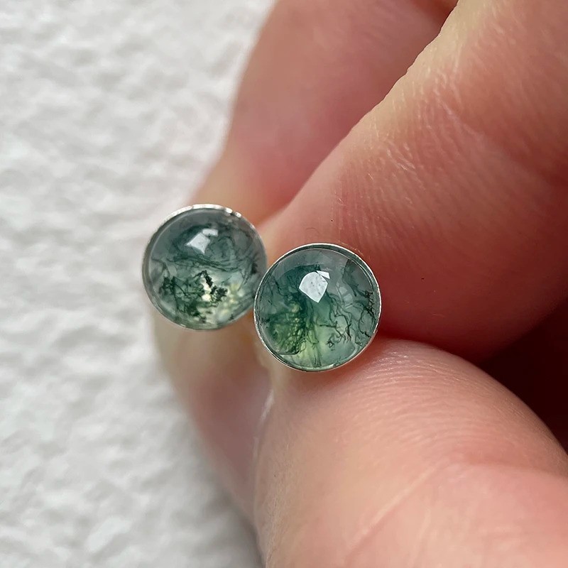 Natural Moss Agate Gemstone 6mm Stud Earrings 925 Sterling Silver Gift
