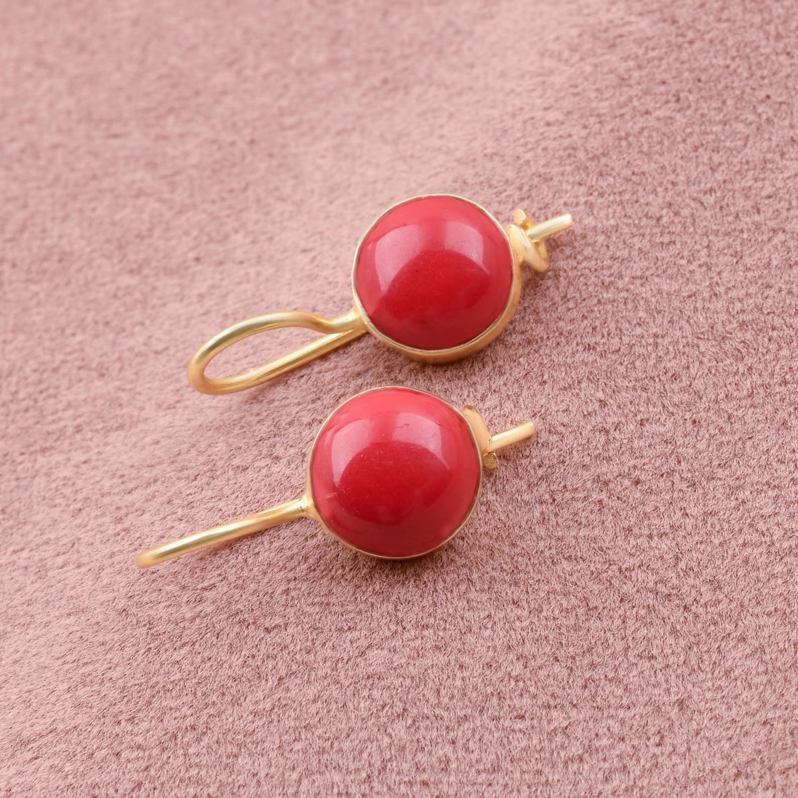 Beautiful 18K Yellow Gold Over Red Coral Dangle Ear Earrings Gift For Her Women