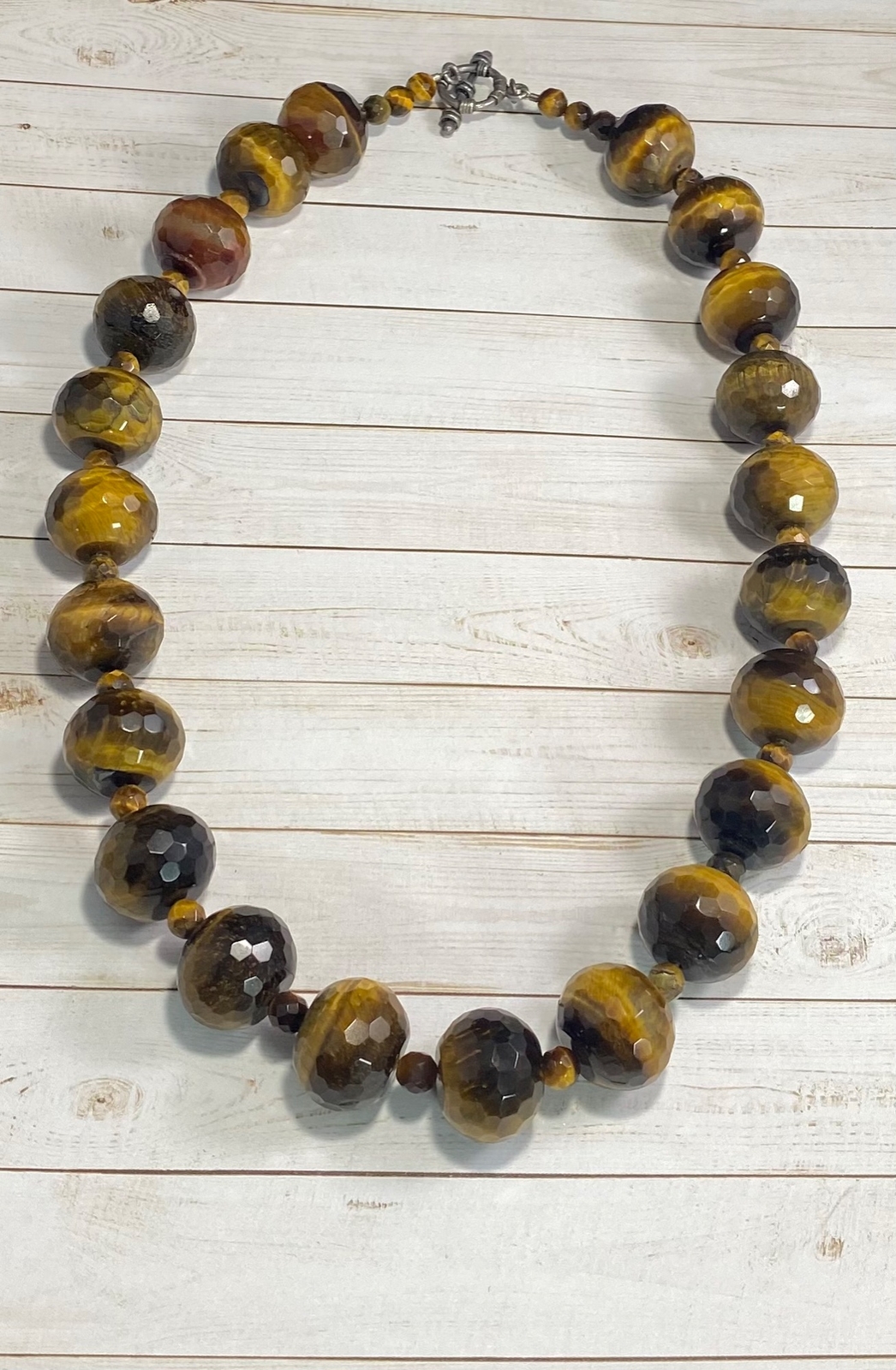 Sterling Silver Faceted Tiger’s Eye Round Beaded Necklace Toggle 20 3/4 inches