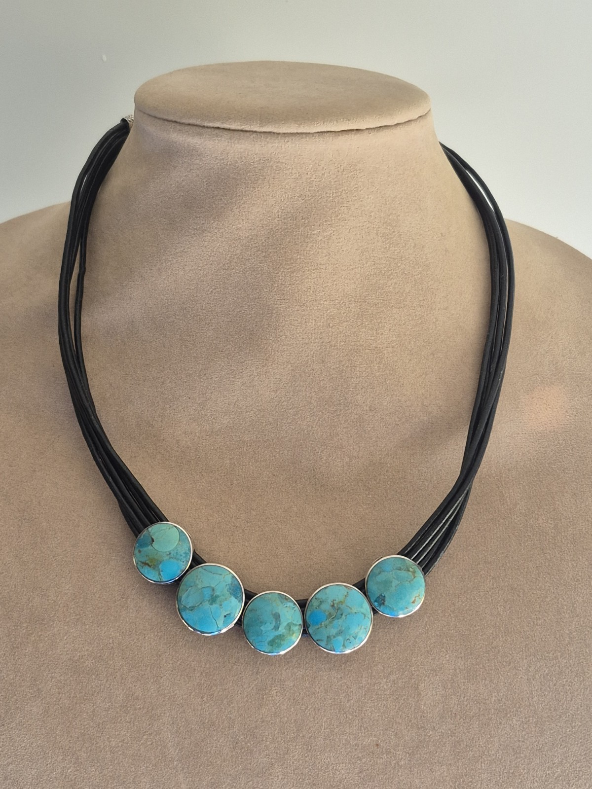 Jay King DTR Turquoise Calsilica reversible sterling leather necklace choker