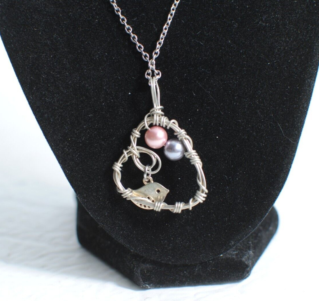 Handcrafted Heart Shape Silver Tone Necklace with Bird & Two Faux Pearls 24in