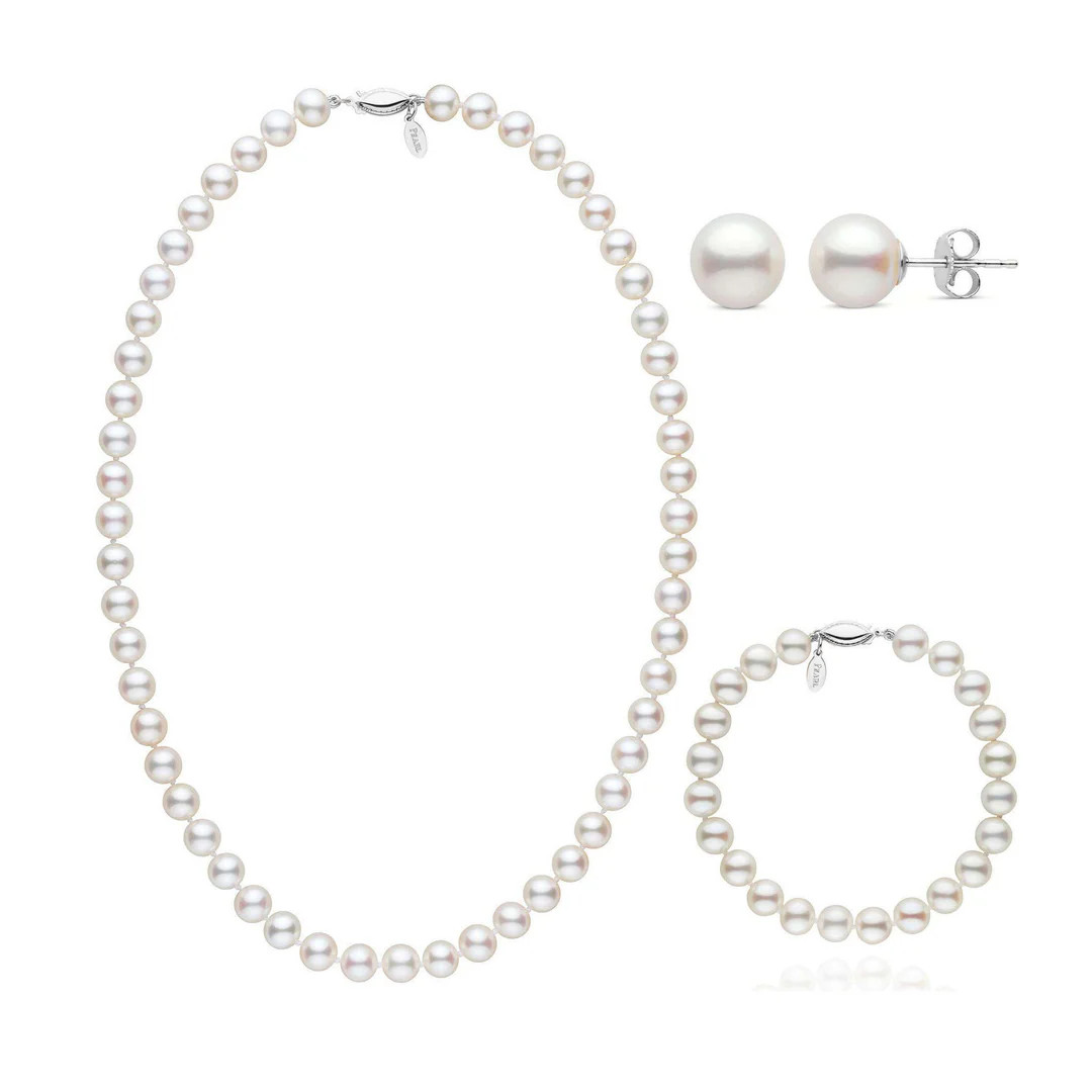 3-Piece Set of 7.5-8.0 mm AAA White Freshwater Pearls – 14K White Gold Filigree