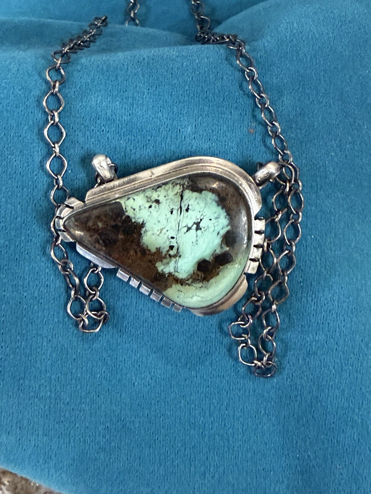 Native American Signed Sterling Silver Blackjack Turquoise Pendant 16in