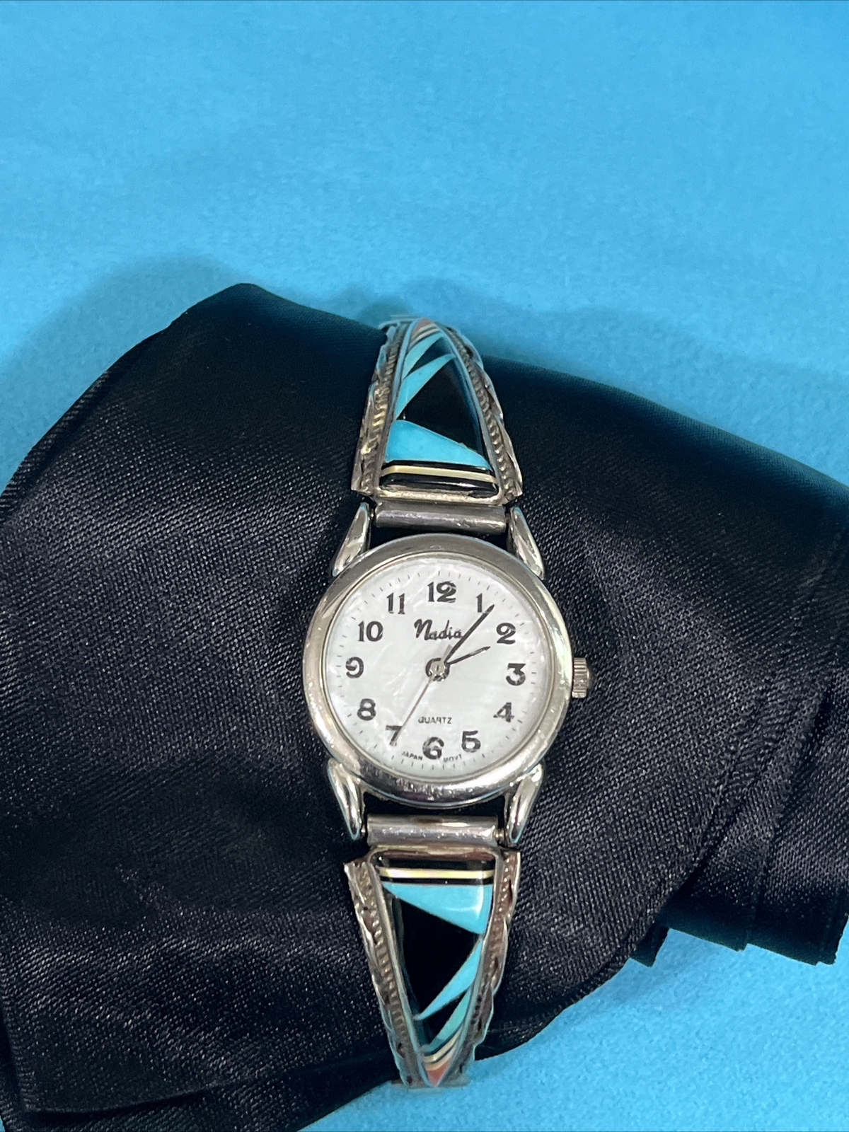 Vtg Sterling Silver Turquoise Band & Nadia Watch Navajo Signed (New Battery)