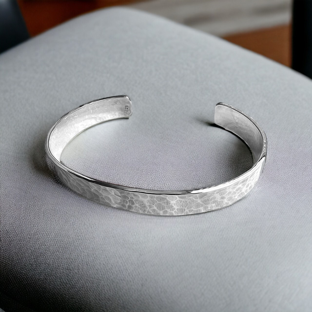 Mens Bangle Hammered 925 Silver Bangle Silver Bangle Width 8mm Bangle