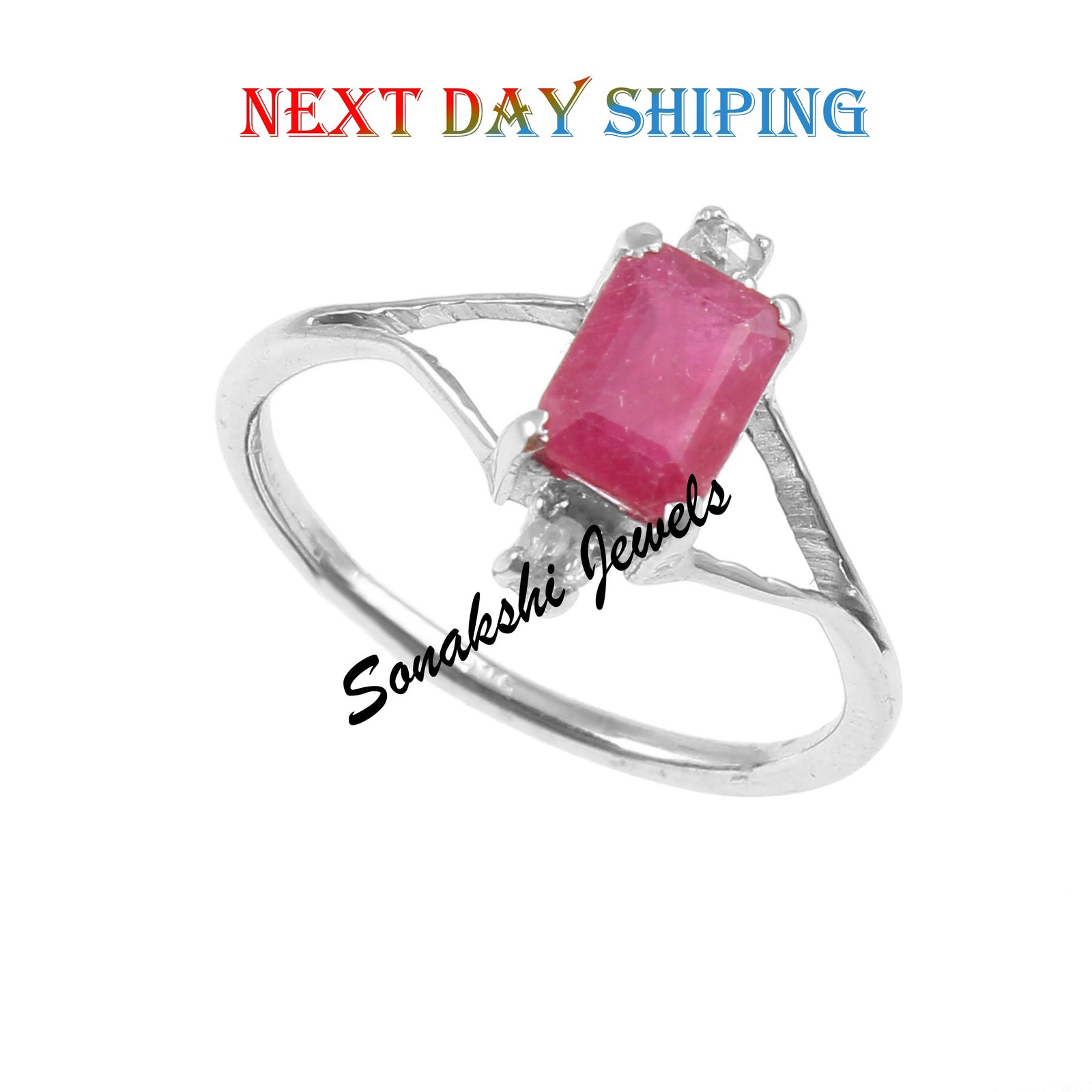 Emerald Cut Ruby Ring: Handmade 925 Sterling Silver Pave Diamond Ring