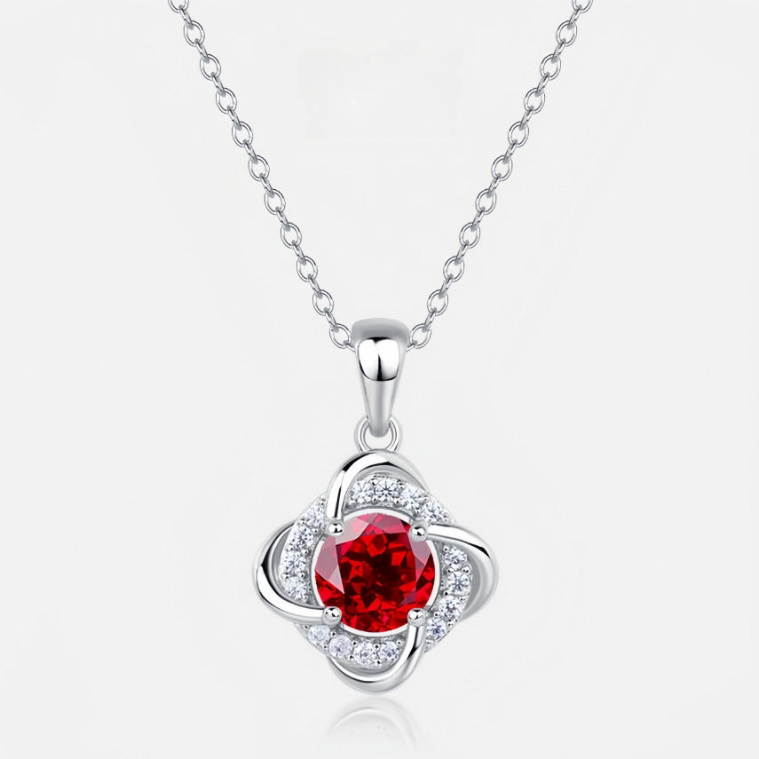 Lab-Created Ruby Clover Pendant Necklace S925 Sterling Silver White Gold Plated