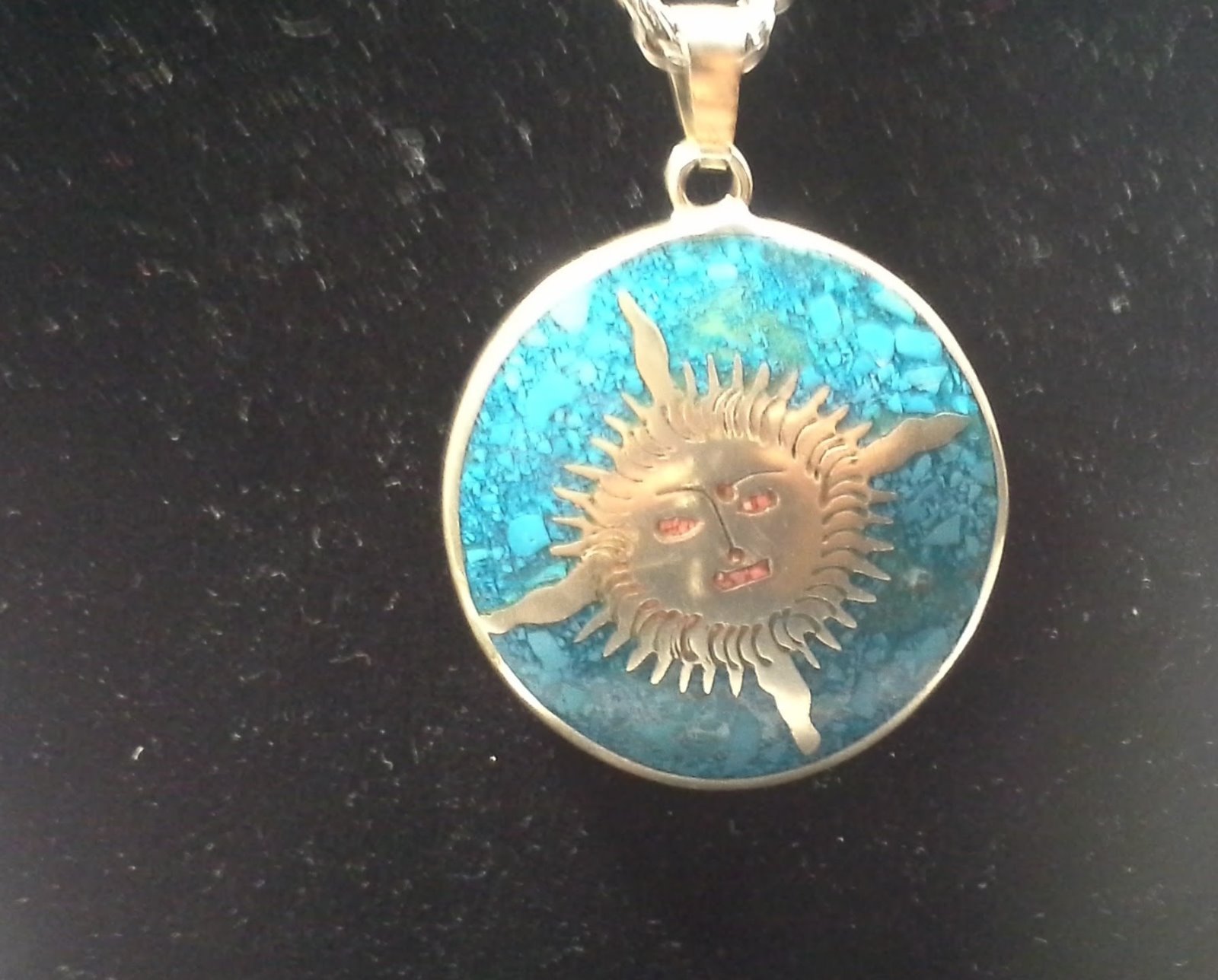 Turquoise and Mixed Metals Double Sided Pendant on A 30in. Sterling Silver Rope