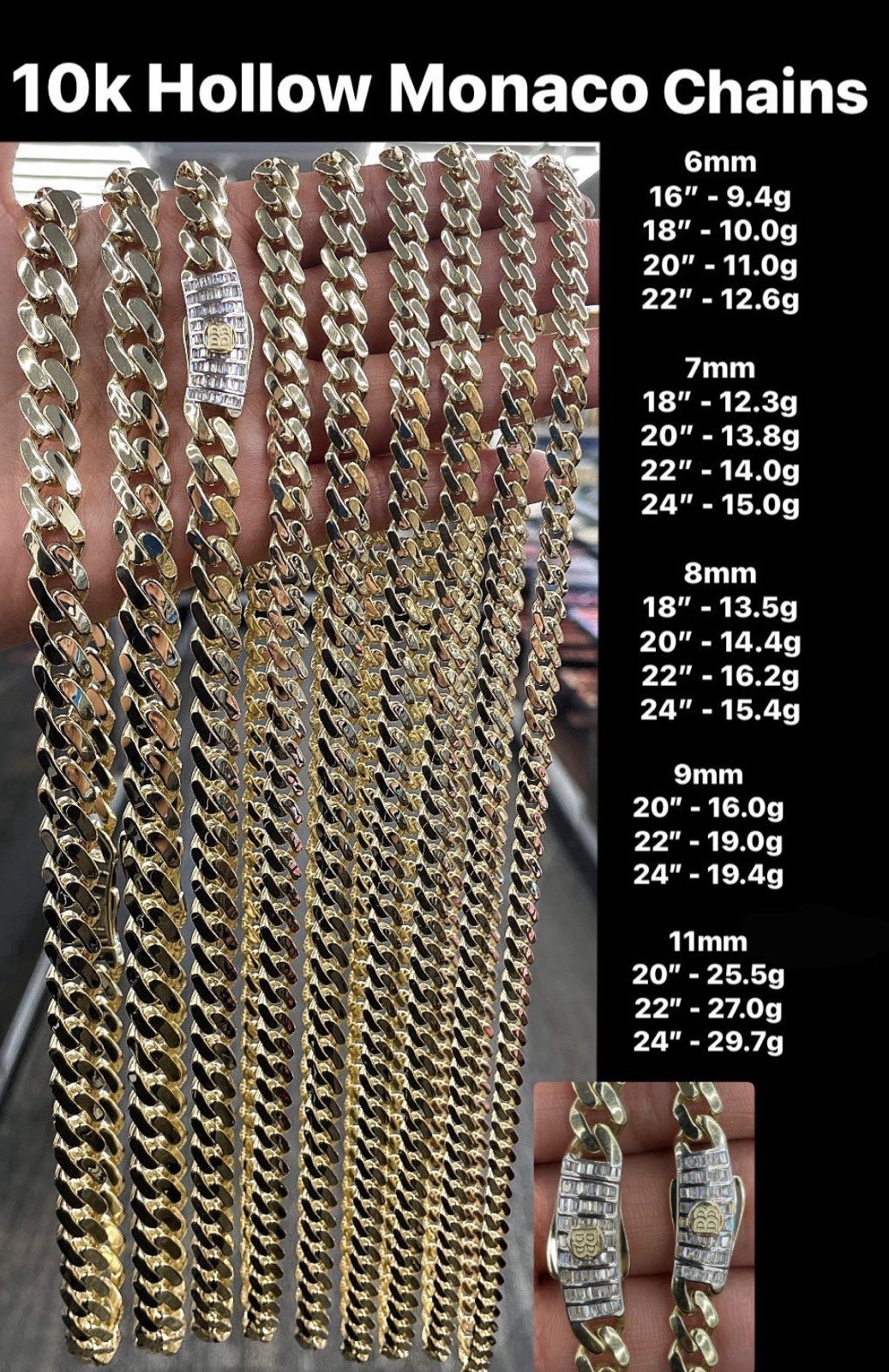 10k gold chain necklace 7mm 22” Hollow Monaco Chain w/Baguette Lock (Real Gold )