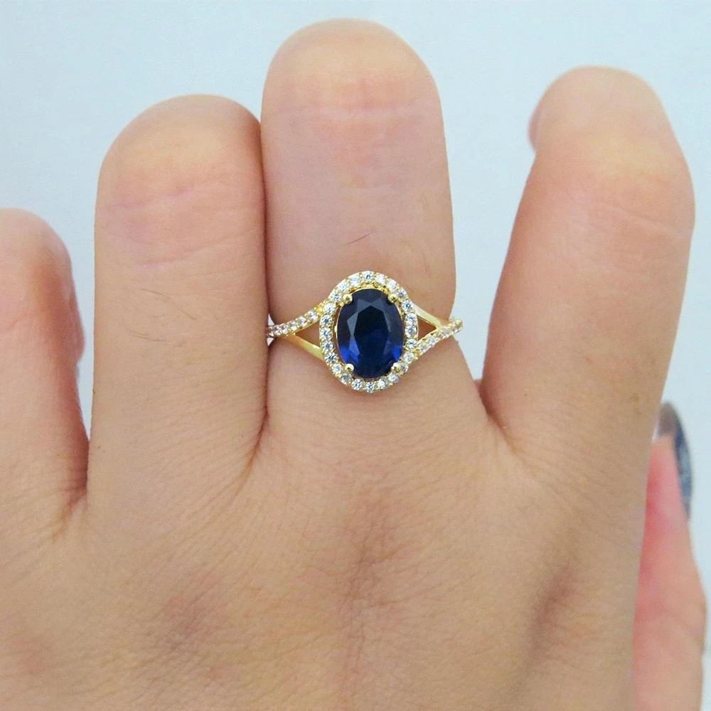 3.35 Ct Oval Cut Blue Sapphire & Diamond Wedding Ring 14K Solid Yellow Gold