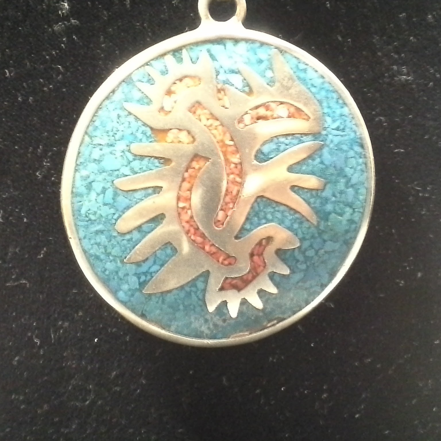 Turquoise and Mixed Metals Double Sided Pendant on A 30in. Sterling Silver Rope