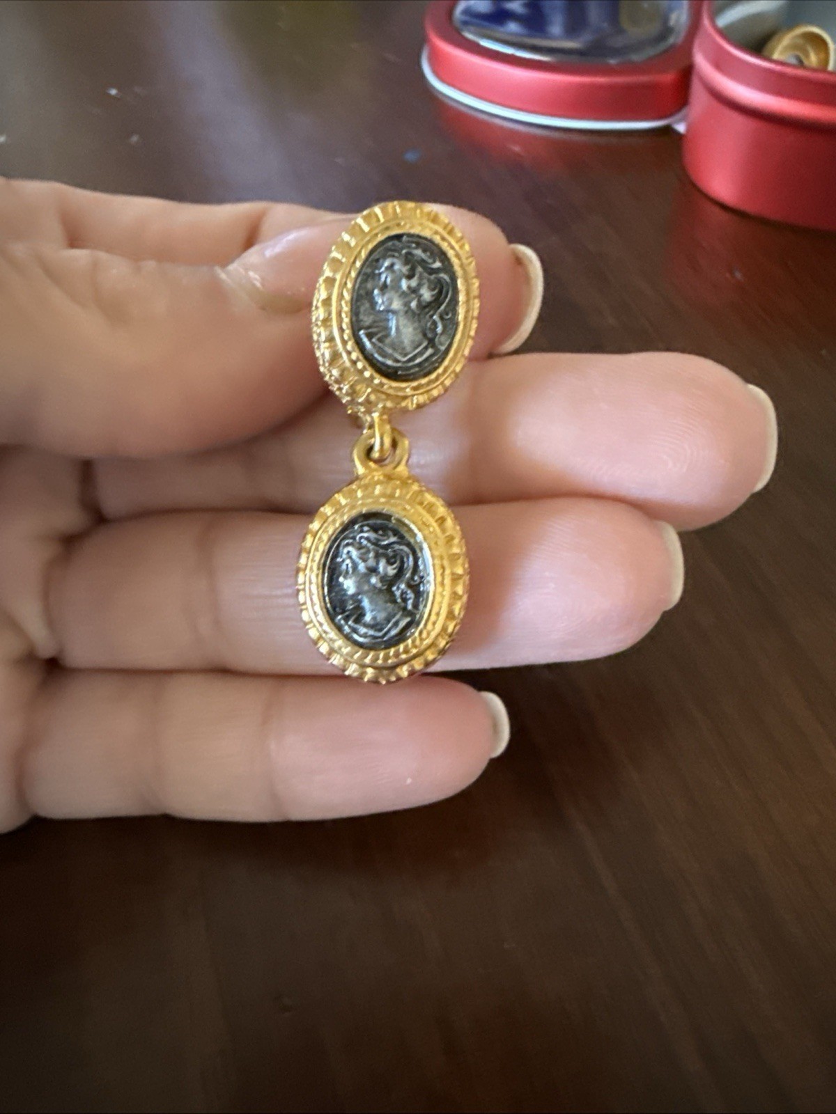 Clip On Dangle Gold Earrings With Cameo Of Ancient Greek Alexander The Great
