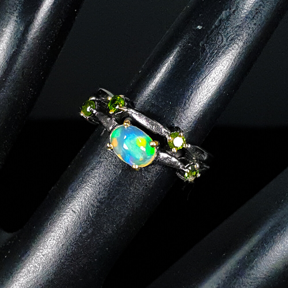 Not Enhanced Natural Opal Chrome Diopside Silver Ring 925 Sterling /RVS350